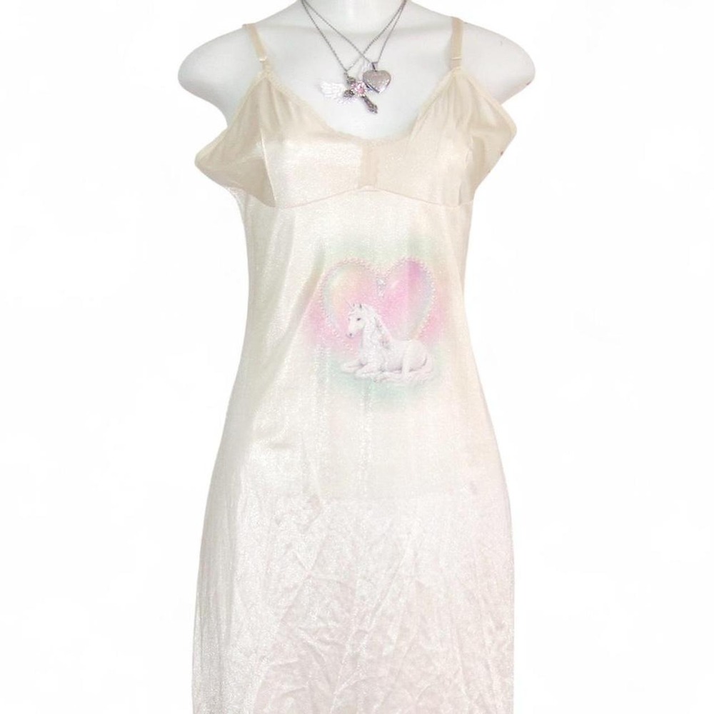 y2k cream unicorn heart pearl graphic midi slip dress fairycore